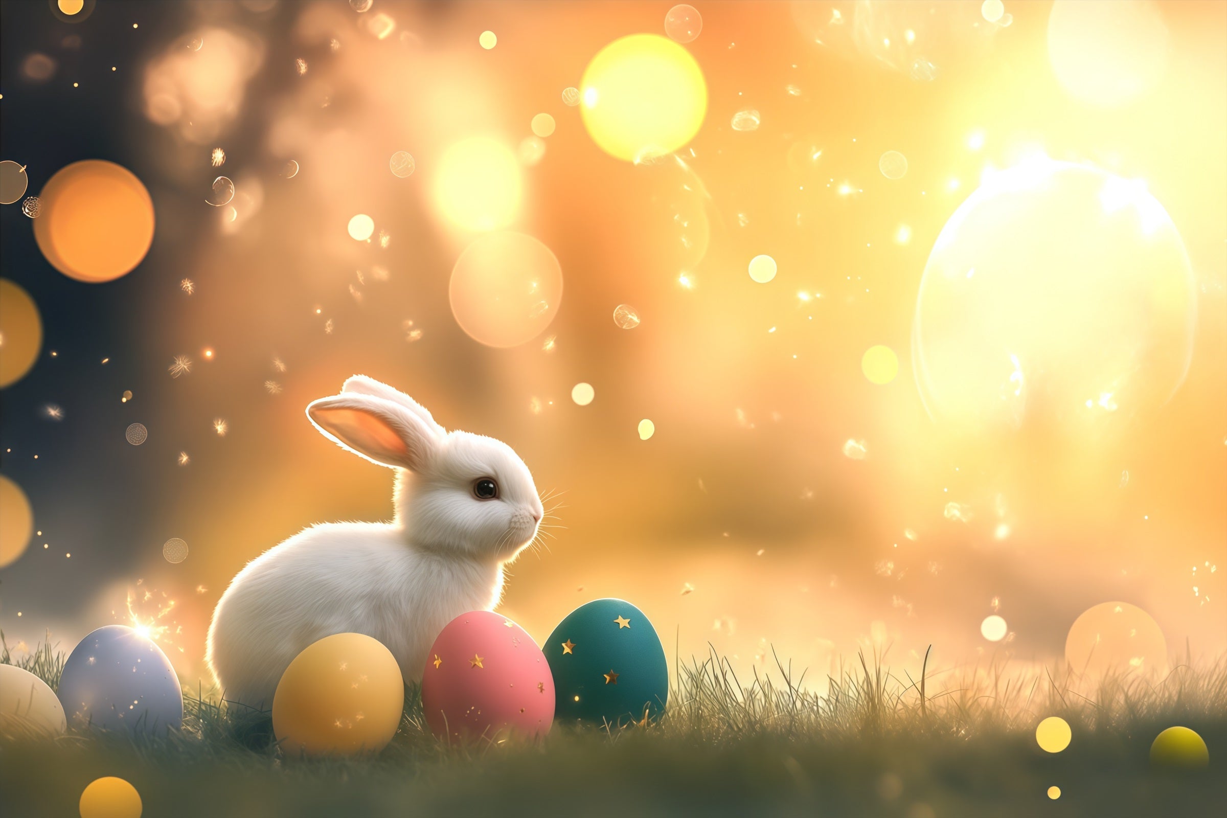 Easter Bunny Backdrop Warm Sunlight Glow Eggs Bokeh Easter Photo Backdrop CSH61-21