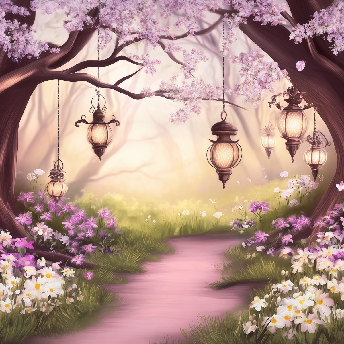 Fairy Forest Backdrop Blush Blossom Lantern Path Forest Backdrops For Photography CSH61-211
