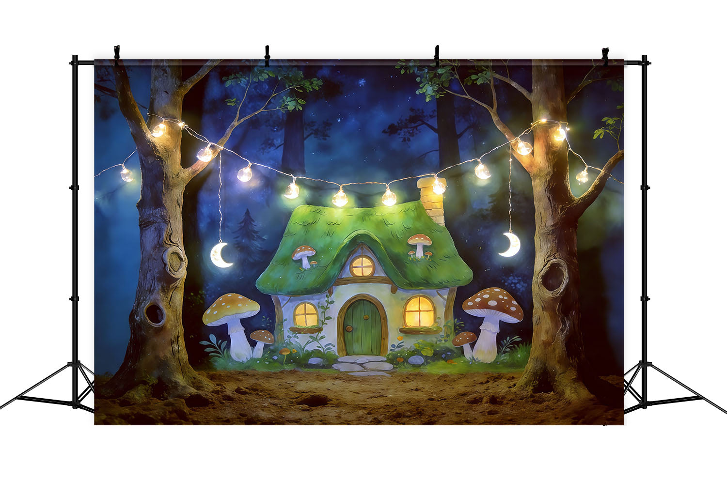 Cartoon Forest Backdrop Moonlit Mushroom Cottage Lights Forest Backdrop Ideas CSH61-213