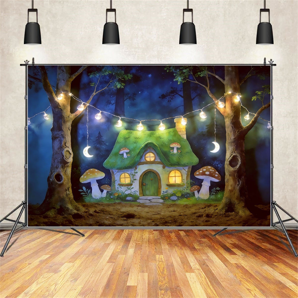 Cartoon Forest Backdrop Moonlit Mushroom Cottage Lights Forest Backdrop Ideas CSH61-213