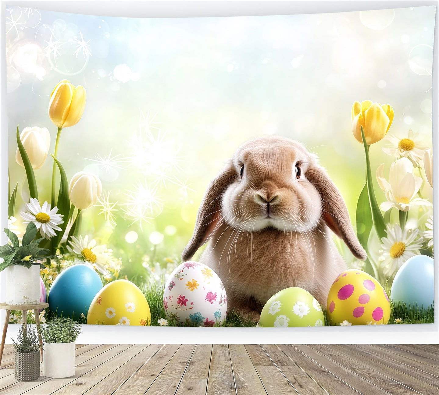 Easter Bunny Backdrop Spring Floral Eggs Bokeh Sunlight Backdrop Easter CSH61-25