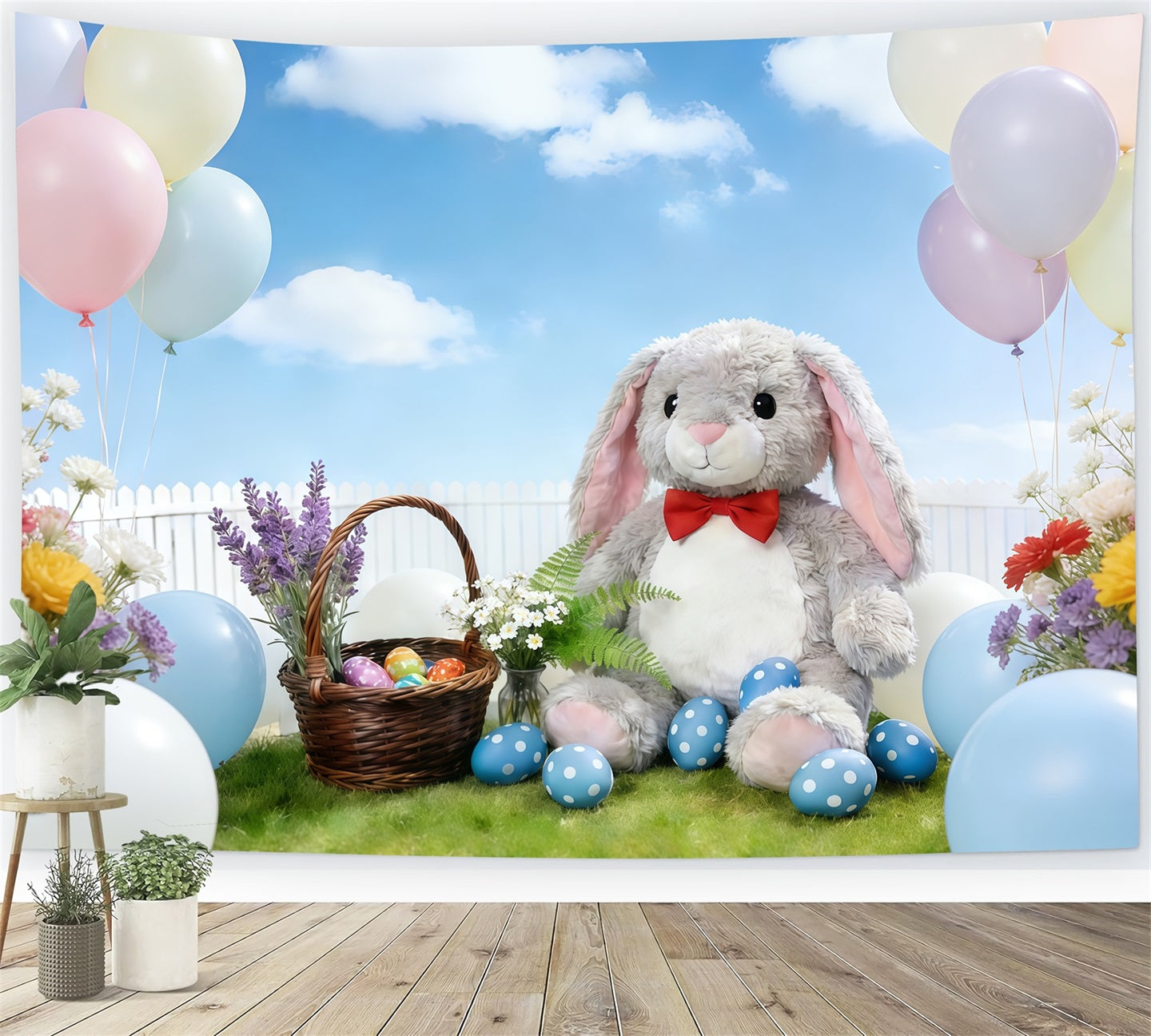 Easter Bunny Backdrop Pastel Balloon Spring Flowers Garden Backdrop Easter CSH61-26