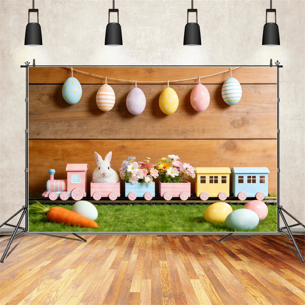 Easter Bunny Backdrop Pastel Egg Garland Wood Wall Easter Backdrop For Pictures CSH61-30