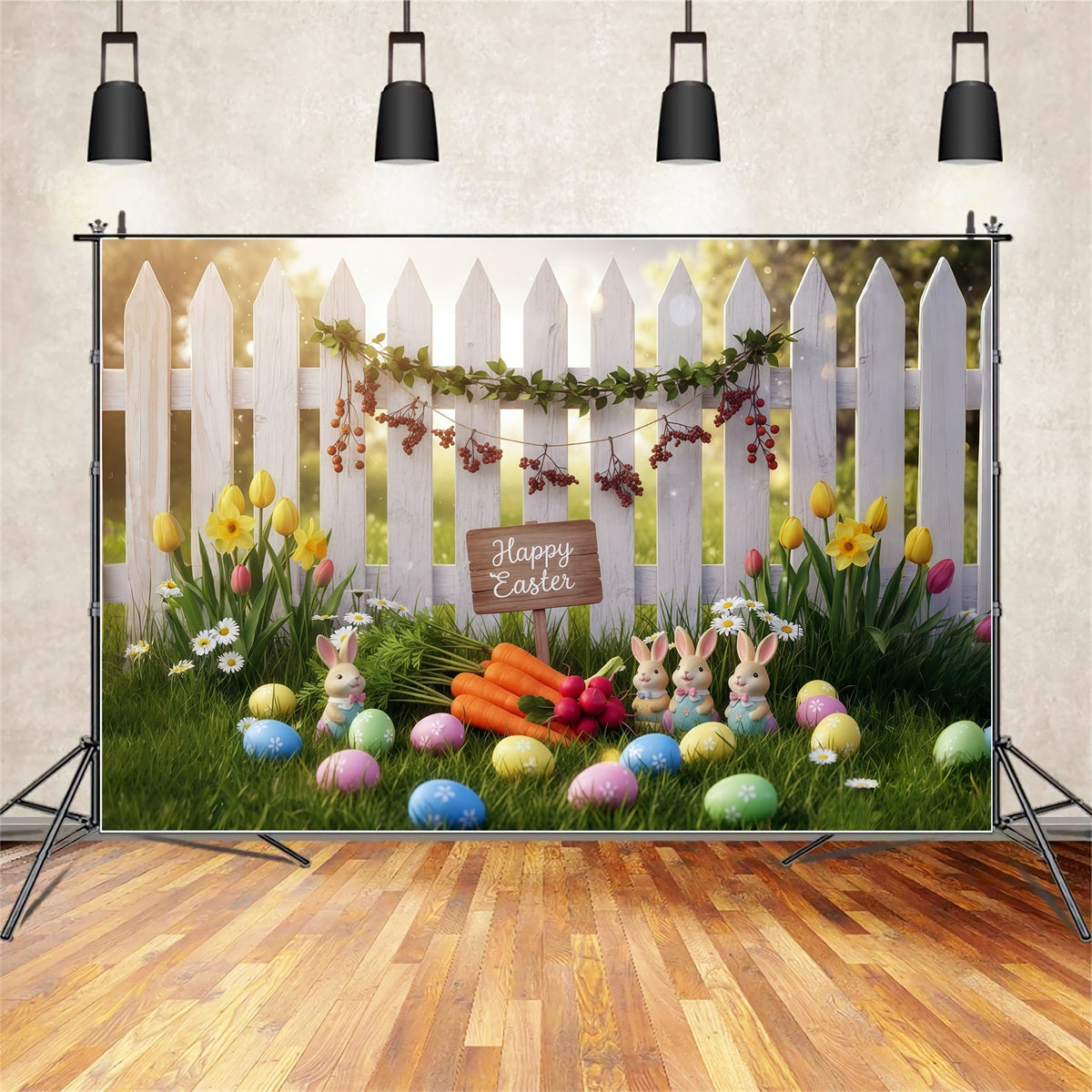 Easter Bunny Photo Backdrop Spring Garden Fence Carrots Easter Photo Backdrop Ideas CSH61-35