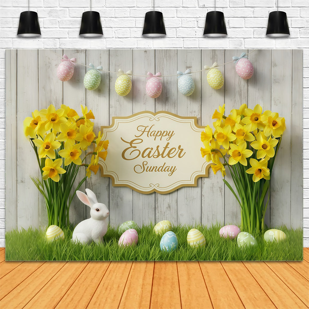 Easter Photo Backdrop For Church Rustic Wood Daffodil Bunny Easter Sunday Backdrop CSH61-4