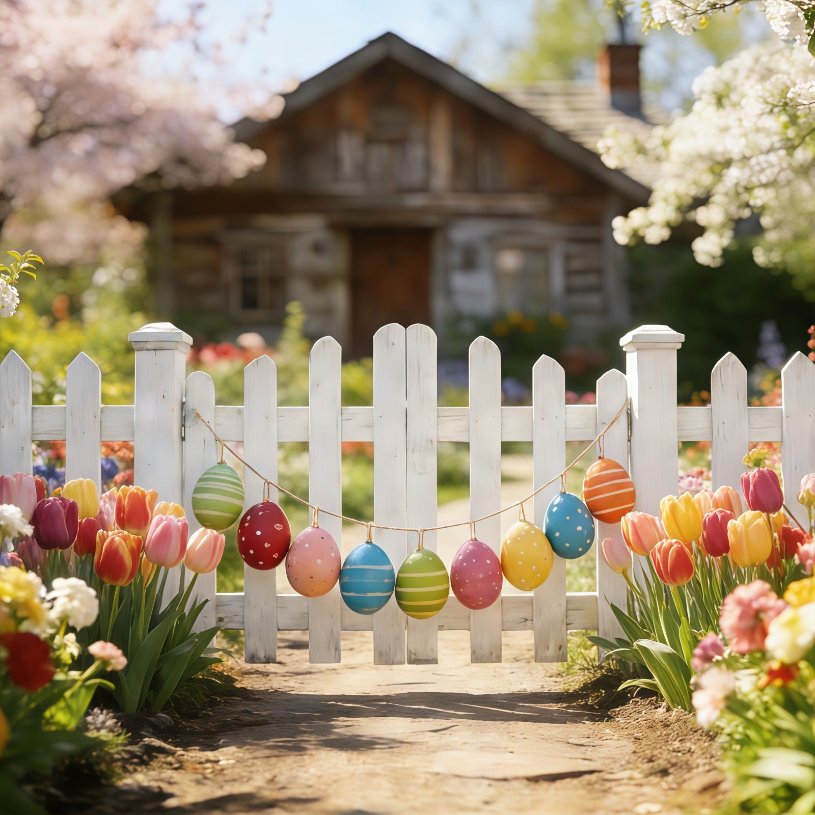 Tulip Backdrop Spring Garden Fence Path Easter Photography Backdrops CSH61-42