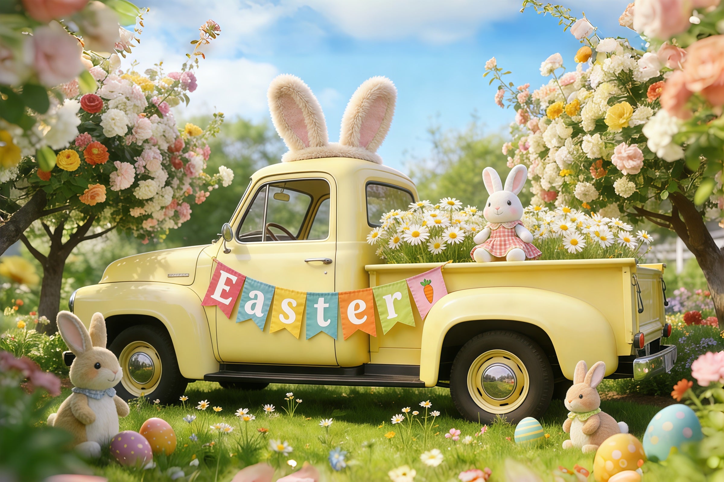 Easter Bunny Backdrop For Photos Spring Blossoms Pickup Truck Easter Backdrops For Photography CSH61-54
