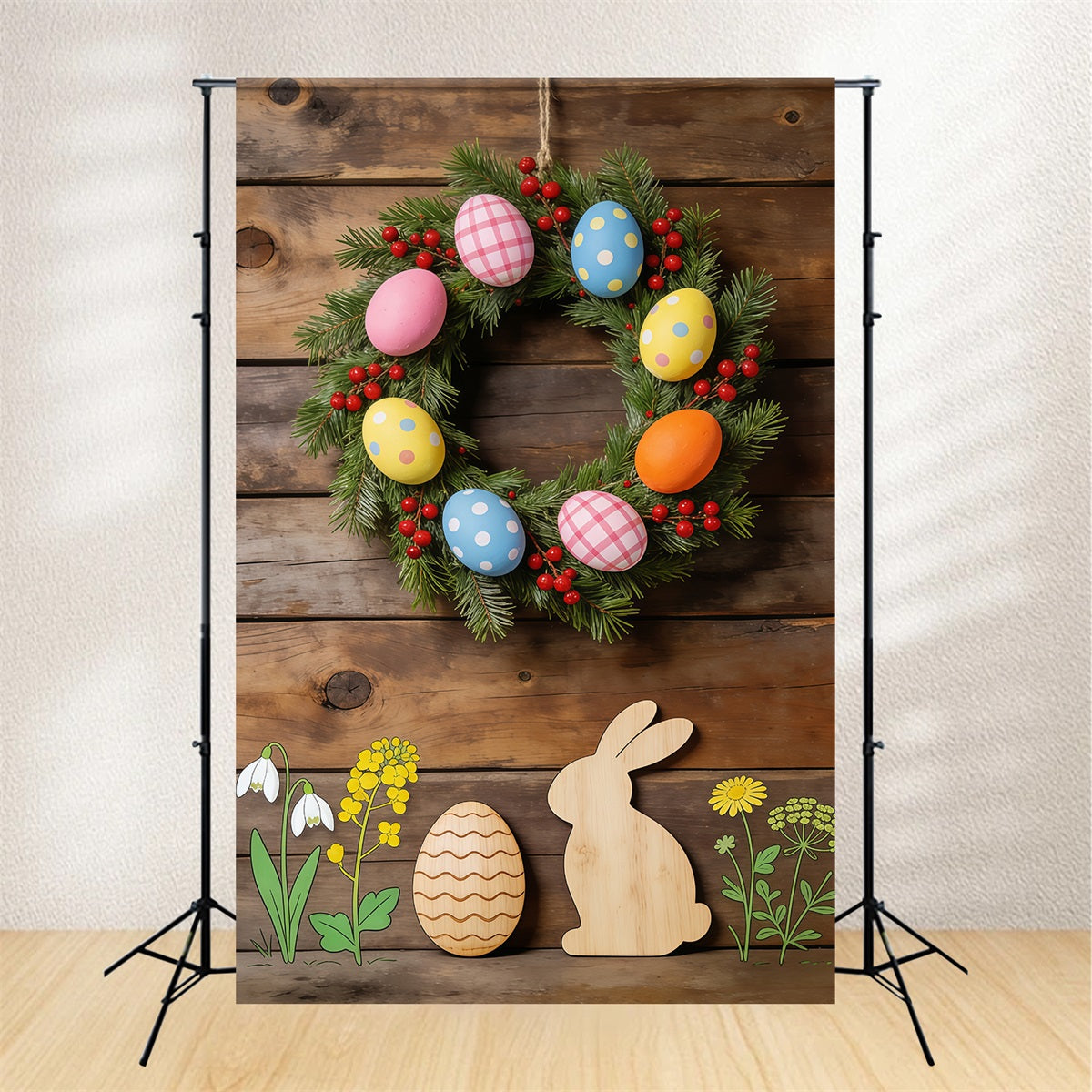 Easter Spring Floral Wreath Backdrop Wooden Bunny Floral Cutouts Easter Picture Backdrop Ideas CSH61-62