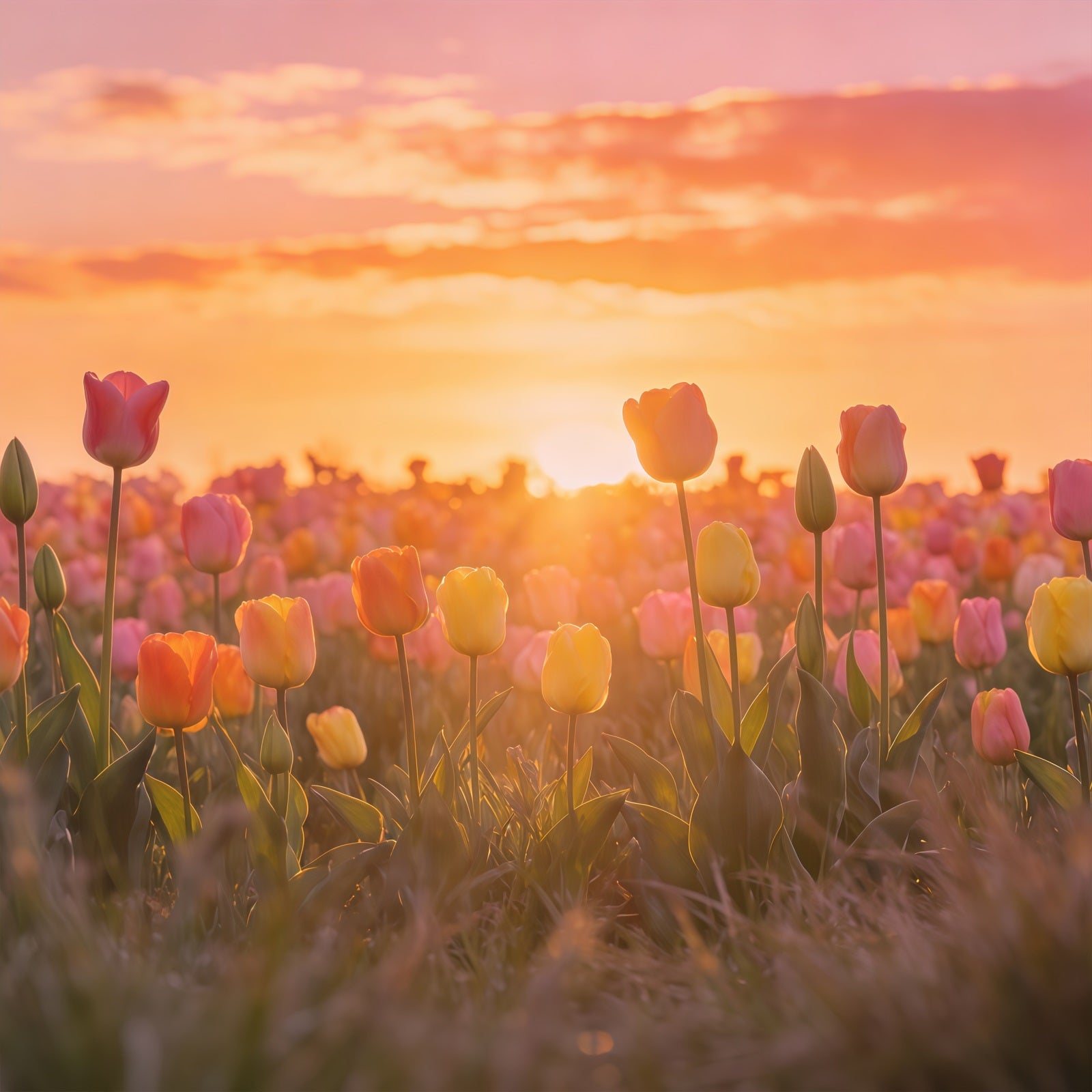 Easter Tulip Backdrop Sunset Field Floral Meadow Easter Photography Backdrops For Sale CSH61-64