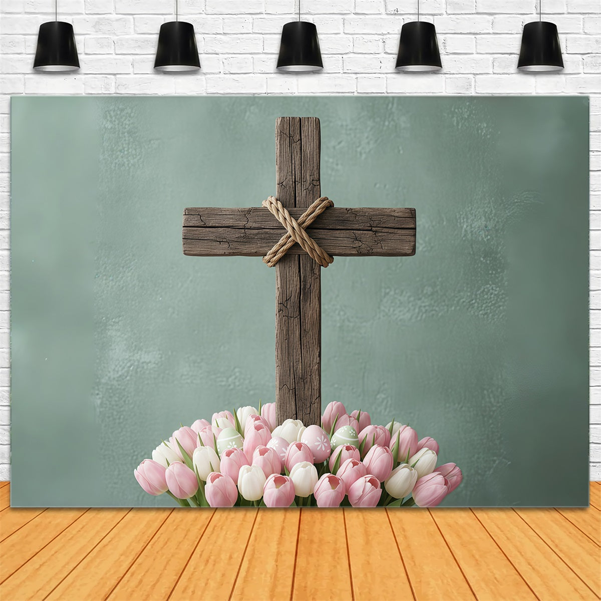 Easter Church Photo Backdrop Rustic Wooden Cross Tulip Bloom Easter Backdrop Ideas CSH61-7