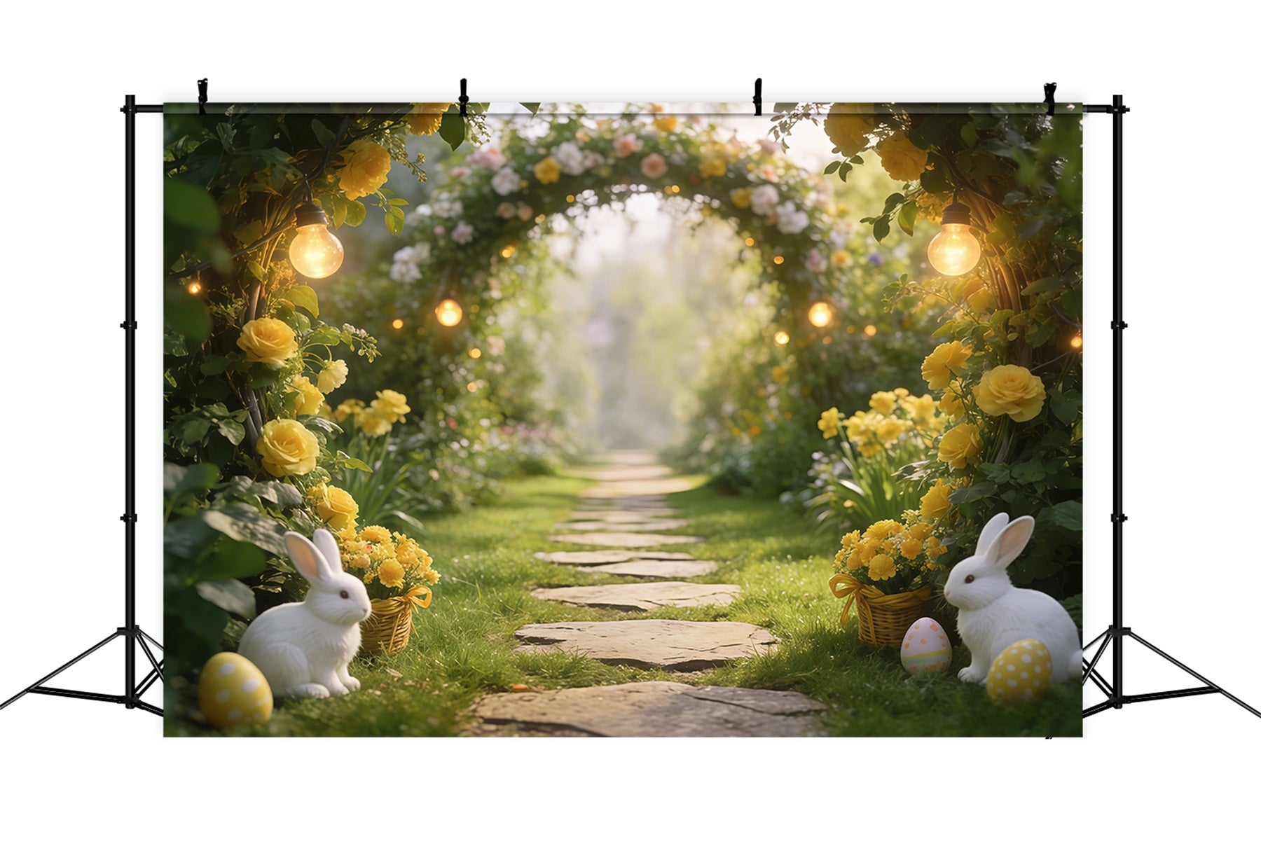 Easter Grass Backdrop Garden Arch Bunnies Eggs Lights Happy Easter Photo Backdrop CSH61-84
