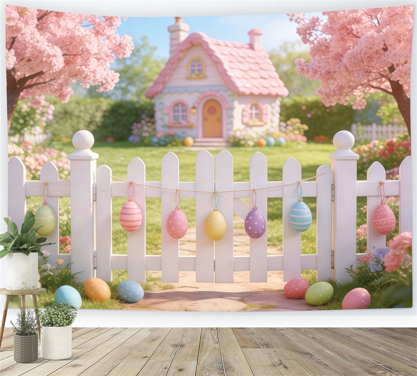 Easter Cottage Garden Backdrop Pink House Fence Blossom Eggs Simple Easter Backdrop CSH61-89