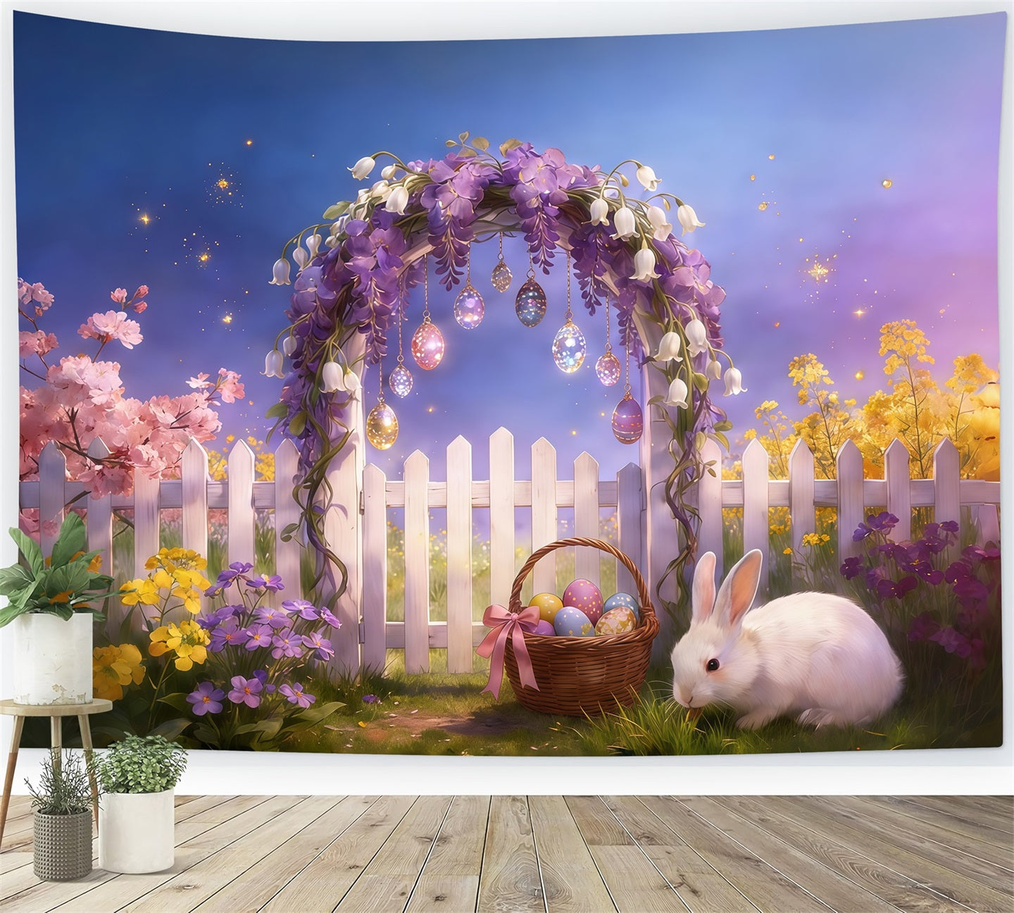 Easter Fairytale Backdrop Flower Arch Fence Eggs Hanging Bunny Easter Party Backdrop CSH61-92