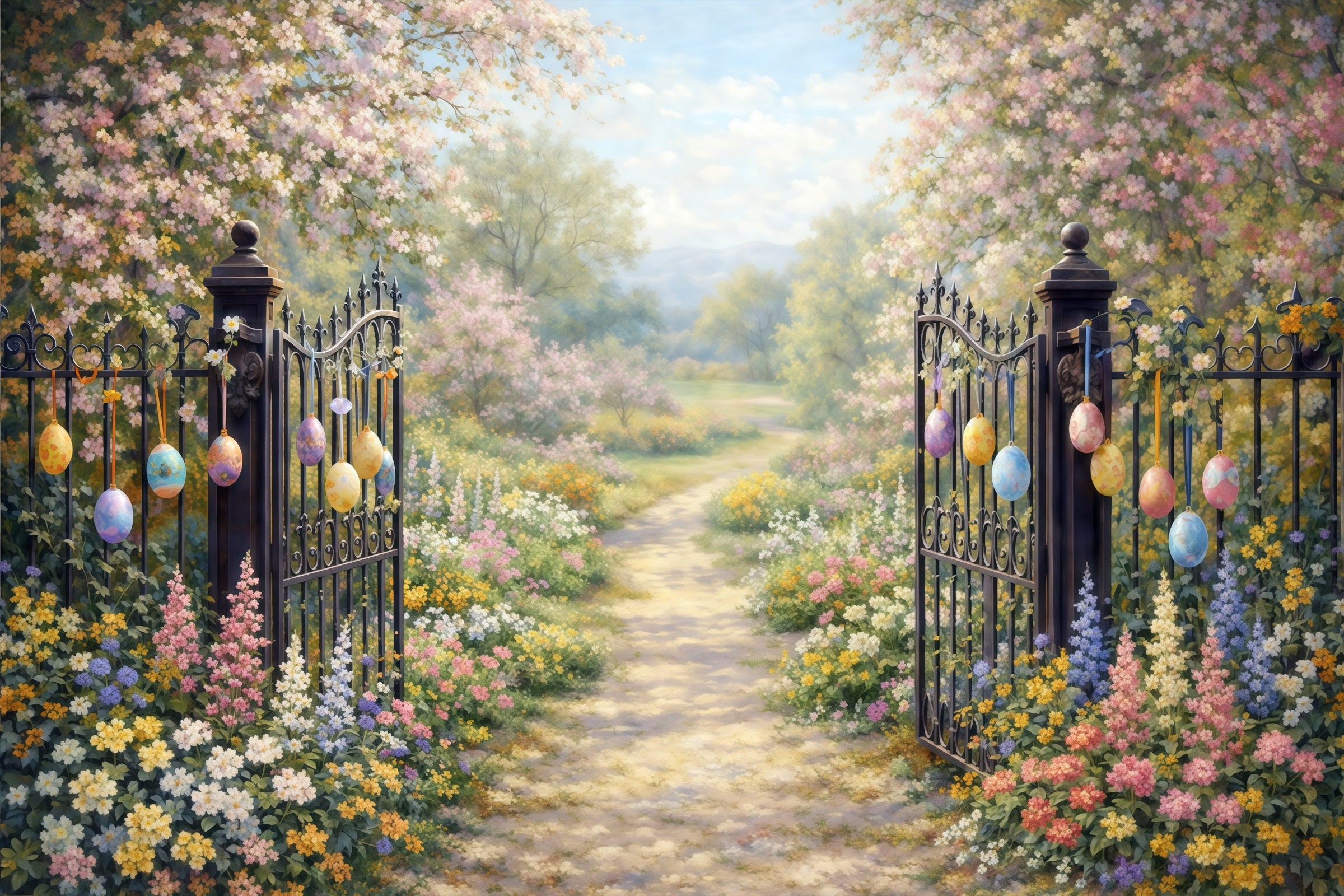 Easter Vintage Floral Backdrop Garden Gate Blossom Path Eggs 10x10 Easter Backdrops CSH61-93