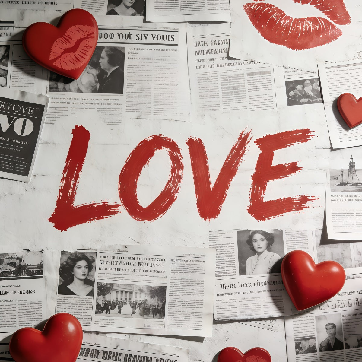 Newspaper Valentine Backdrop Vintage Love Doodle Hearts Valentine Photo Backdrop CSH61-99