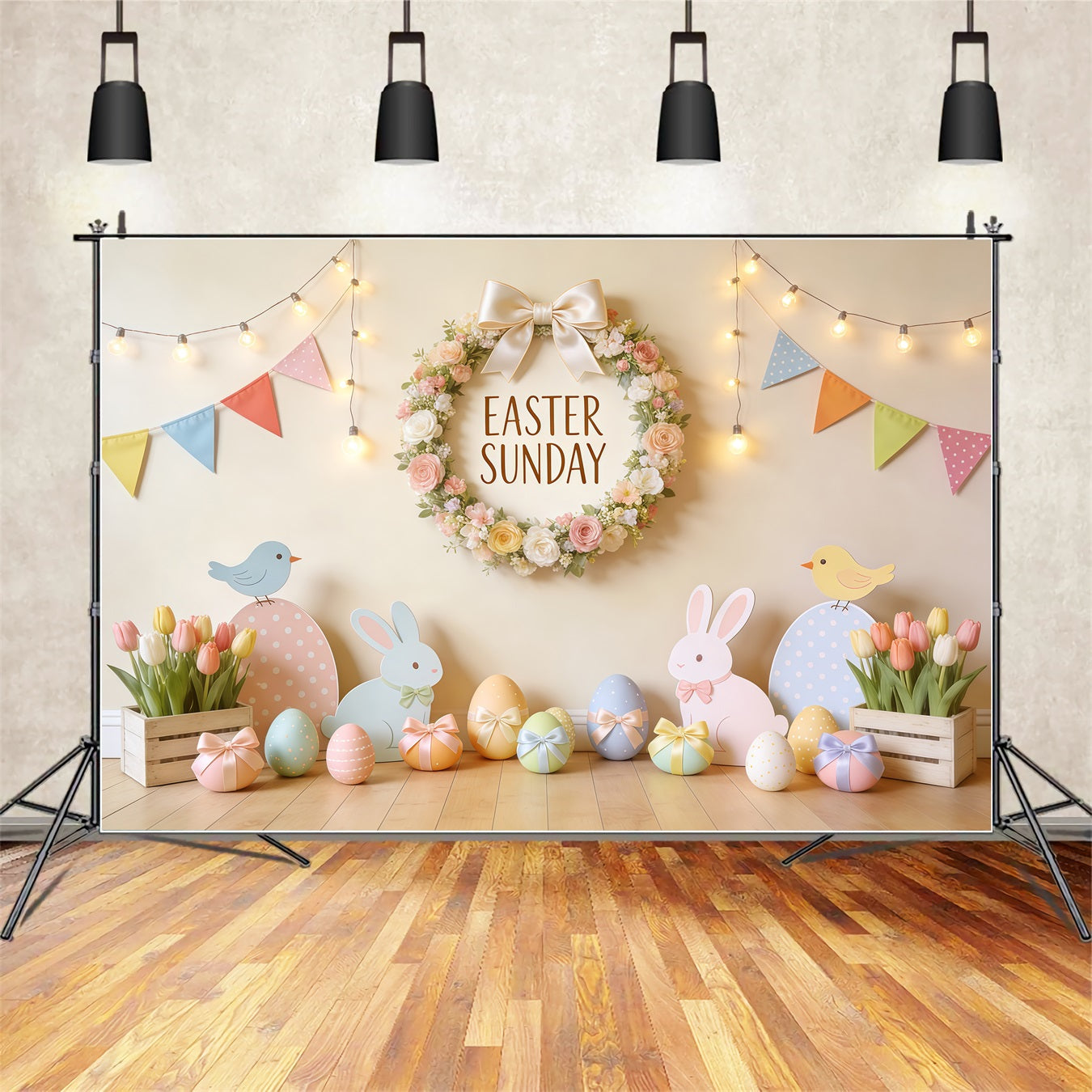 Easter Sunday Backdrop Flower Wreath Bunny Tulip Easter Backdrops Photography CSH62-100