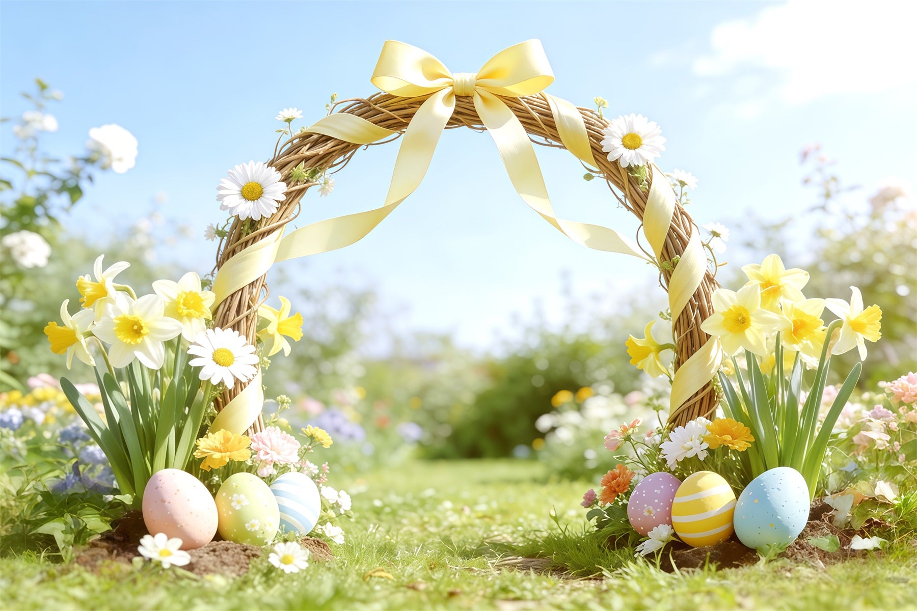 Easter Spring Garden Arch Backdrop Yellow Bow Daffodil,l Arch Happy Easter Photo Backdrop CSH62-101
