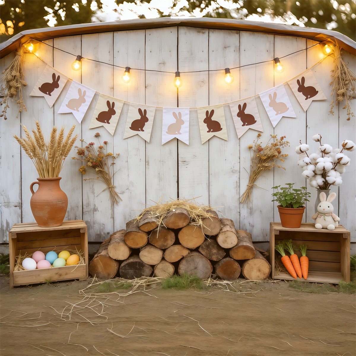 Easter Farm Barn Backdrop Rustic Bunny Banner Eggs Photography Backdrop Easter CSH62-102