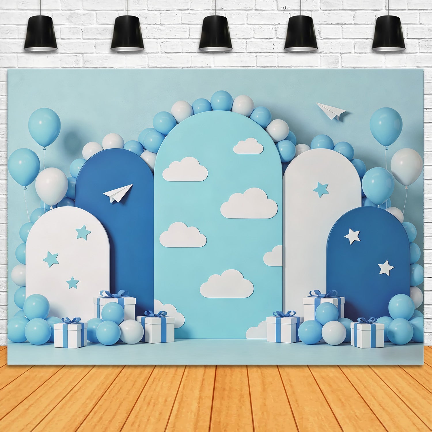 Cloud Backdrop Photoshoot Blue Balloon Arch Paper Planes Children's Backdrop CSH62-119