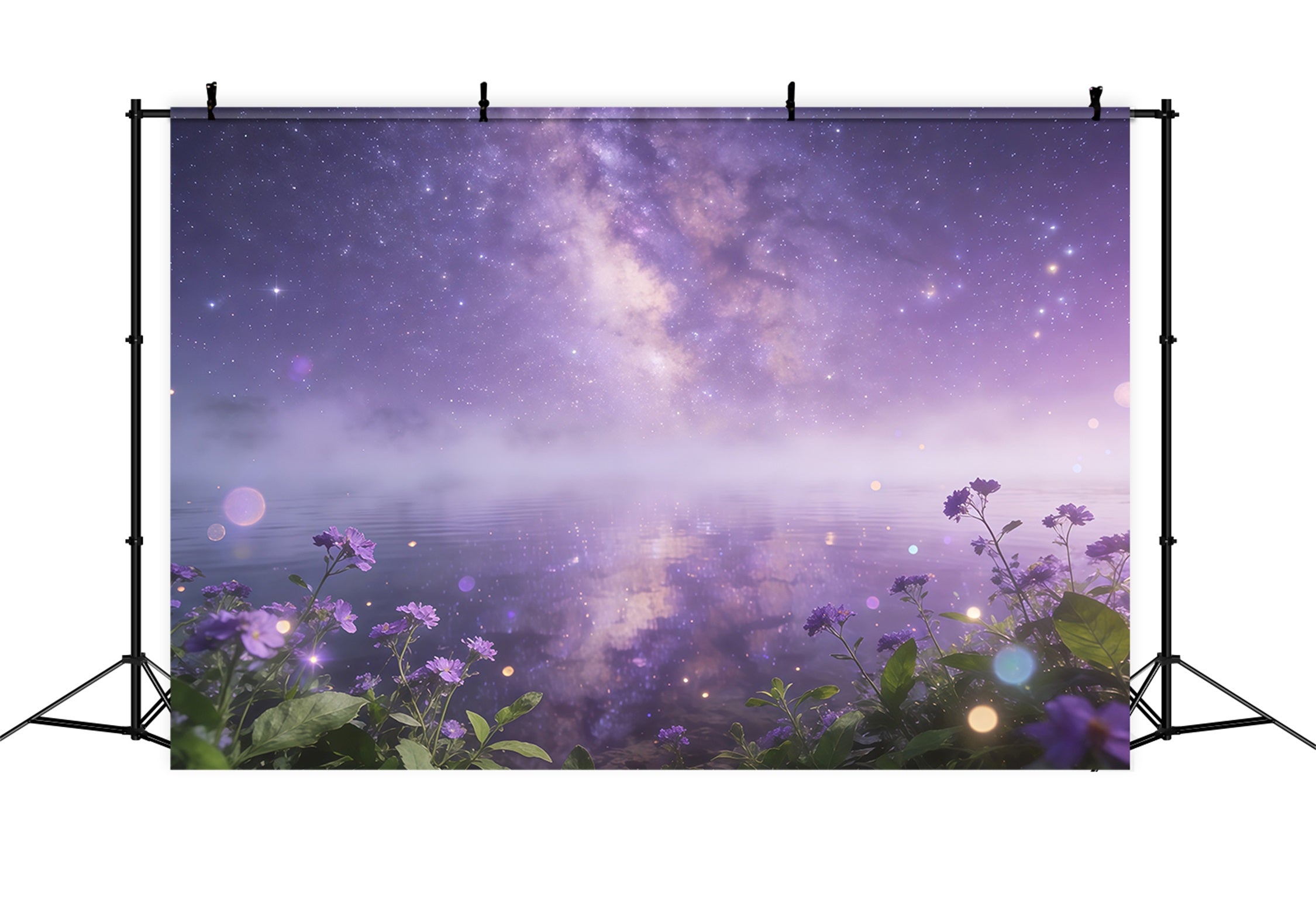 Starry Night Sky Backdrop Purple Galaxy Water Flowers Clouds Backdrop CSH62-122