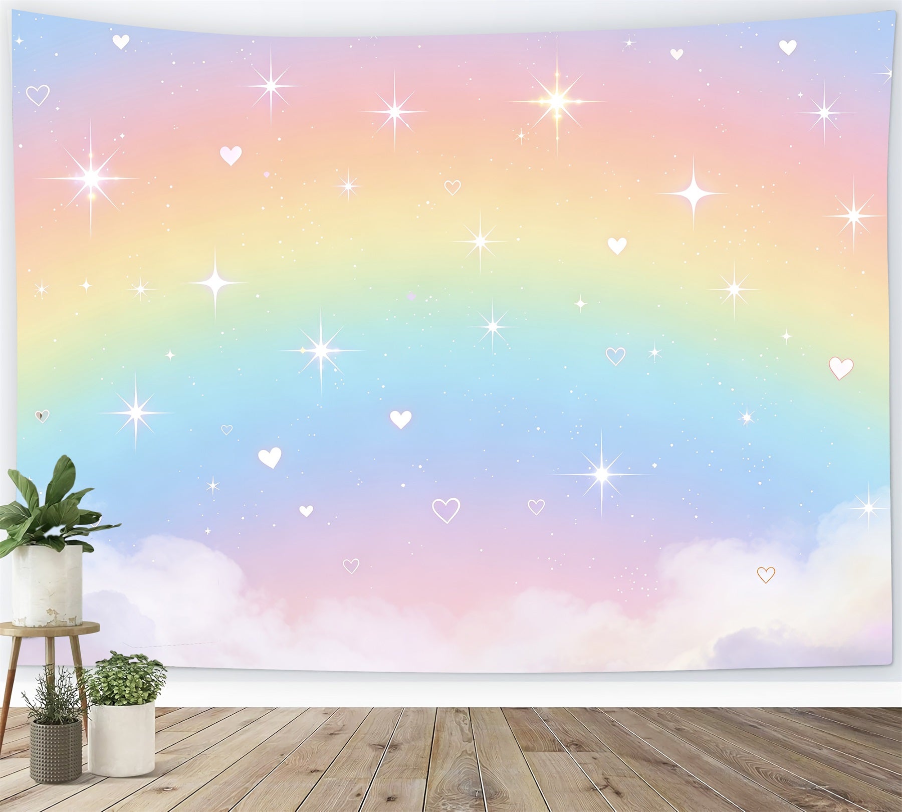 Starry Sky Backdrop Pastel Rainbow Heart Sparkles Kids Photography Backdrop CSH62-124