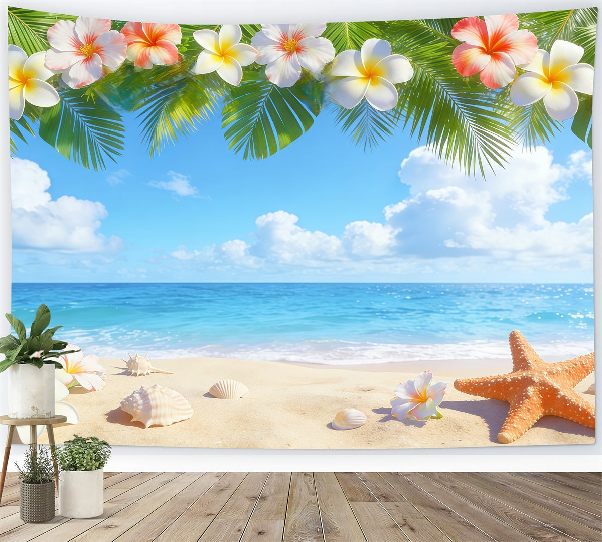 Blue Sky Backdrop Tropical Plumeria Beach Shells Summer Photo Backdrop CSH62-127
