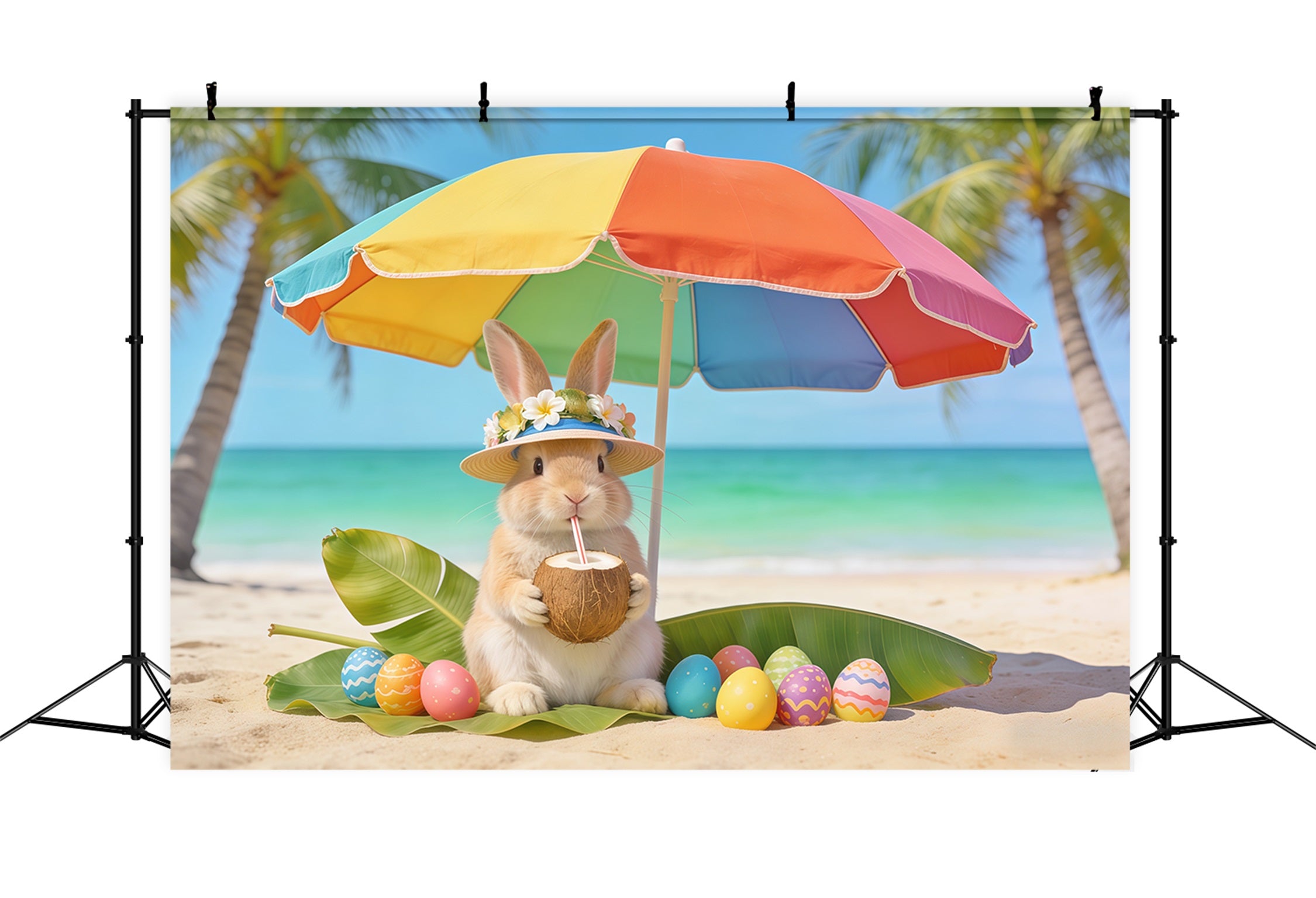 Rabbit Backdrop Bunny Beach Coconut Eggs Easter Backdrop Pictures CSH62-61