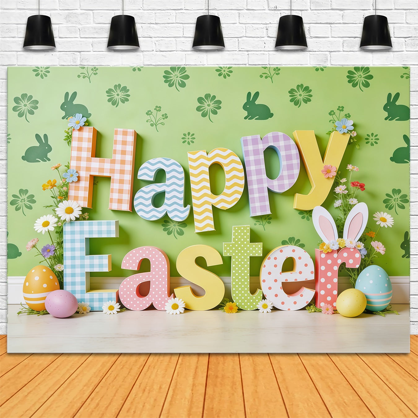 Happy Easter Backdrop Colorful Letters Bunny Eggs Photo Booth Easter Backdrop Ideas CSH62-65