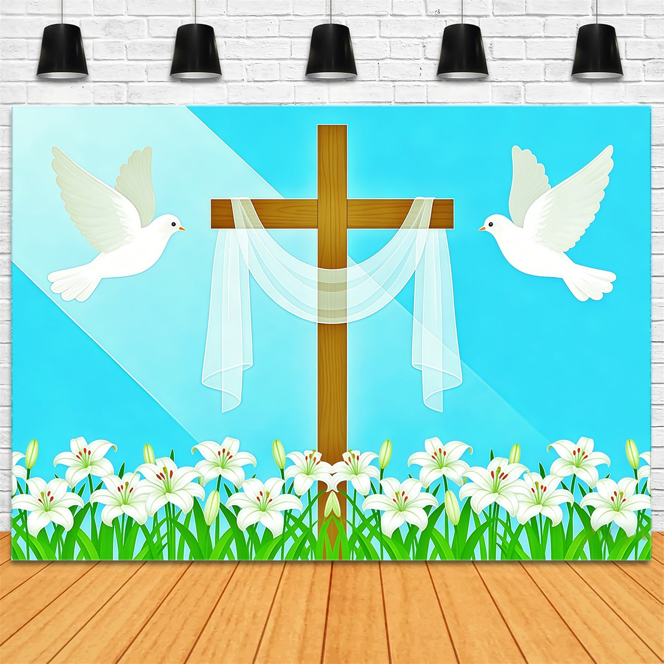 Cross And Lilies Backdrop Doves Religious Light Beam Easter Backdrop Photos CSH62-68