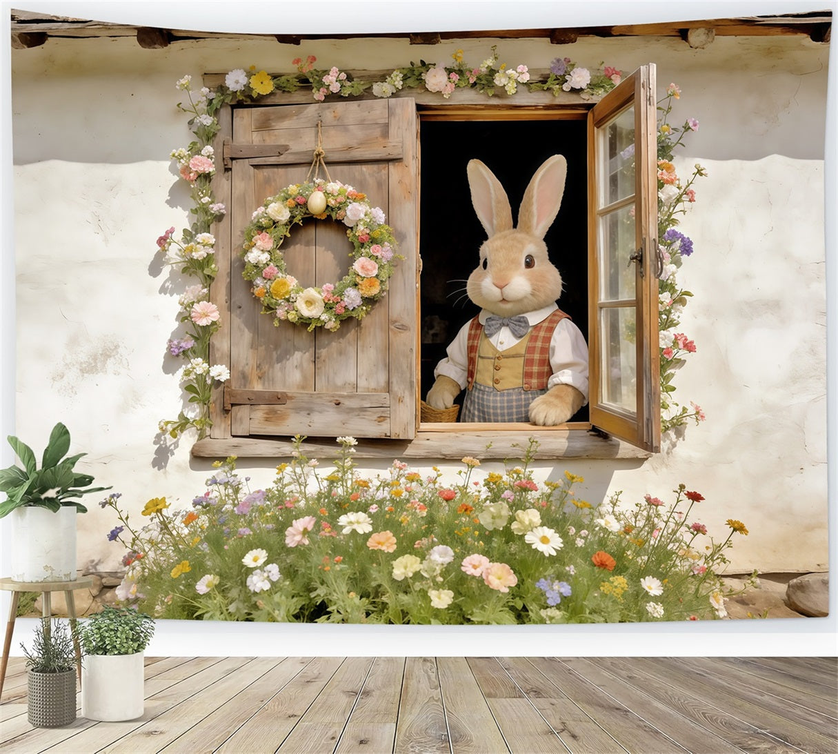 Easter Rabbit Backdrop Bunny Window Floral Wreath Easter Play Backdrops CSH62-74