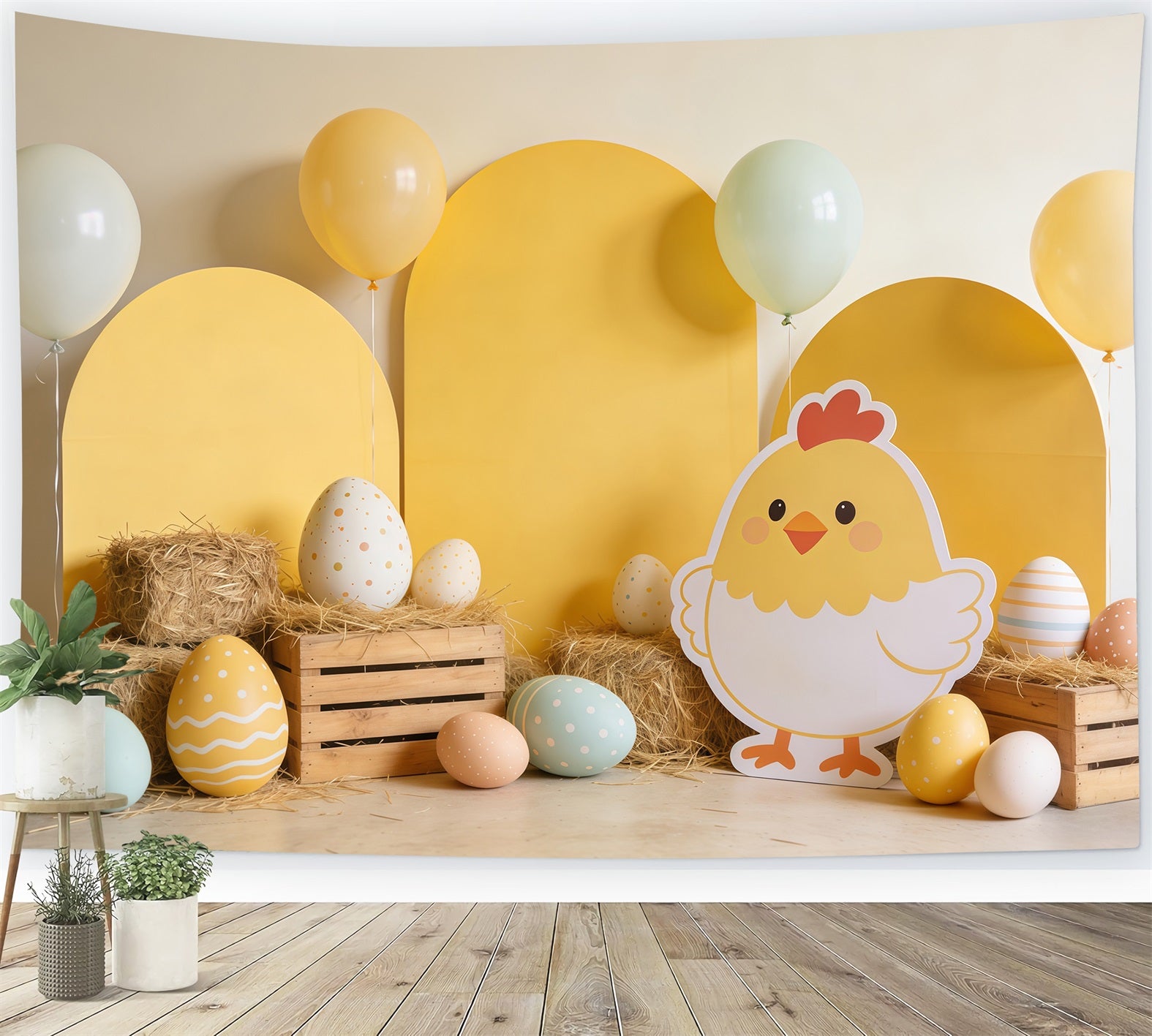 Easter Baby Chick Backdrop Hay Eggs Balloon Decor Large Easter Backdrop CSH62-75
