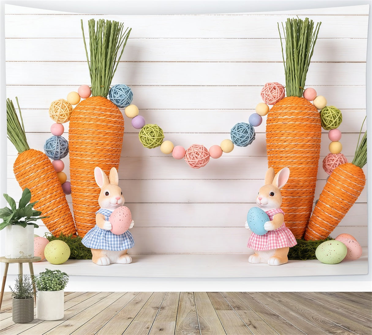 Easter Carrot Backdrop Bunny Eggs Wood Wall Easter Backdrop 8x8 CSH62-76