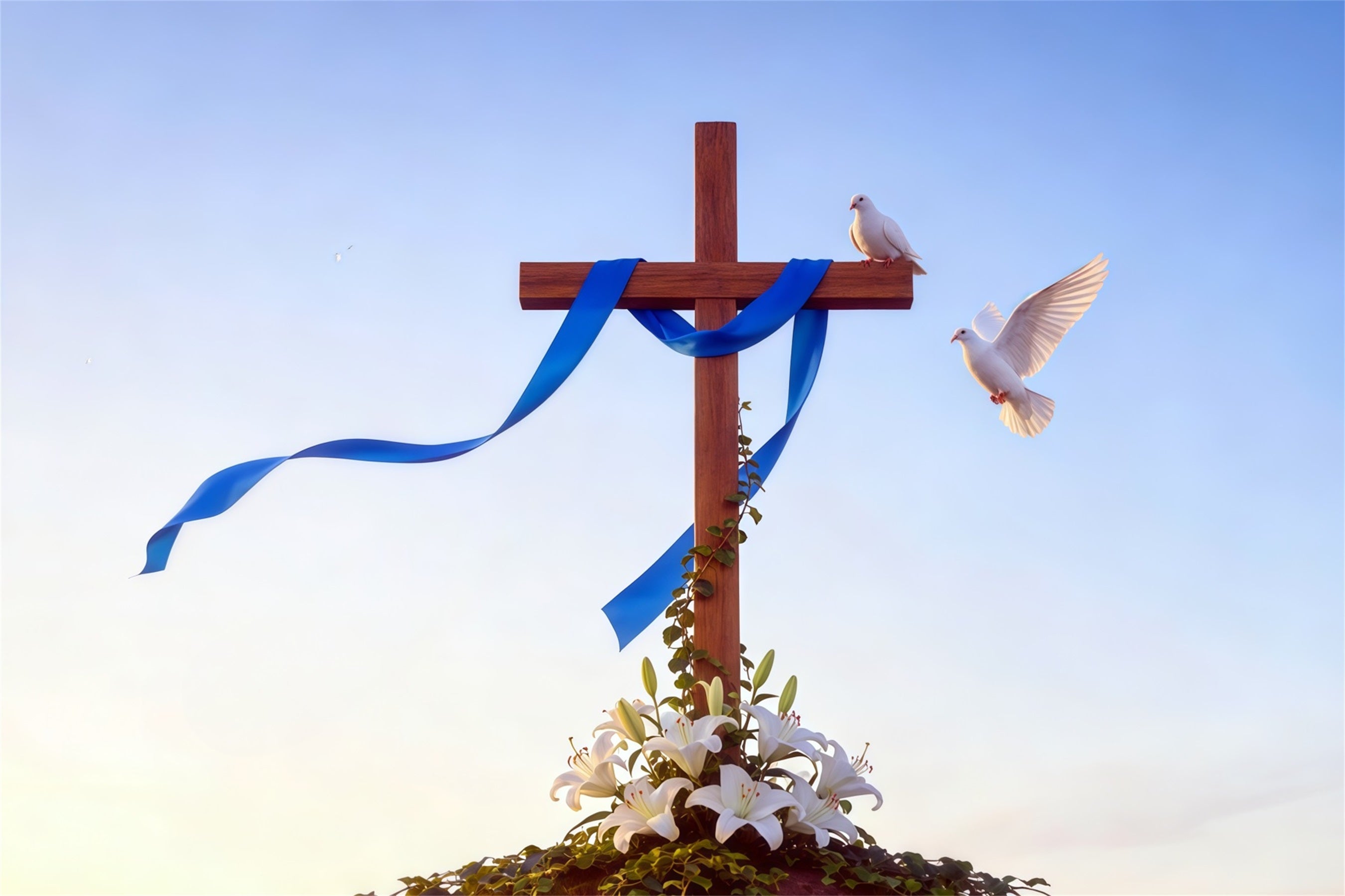 Easter Cross Backdrop Lily Doves Blue Ribbon Simple Easter Photo Backdrop CSH62-82