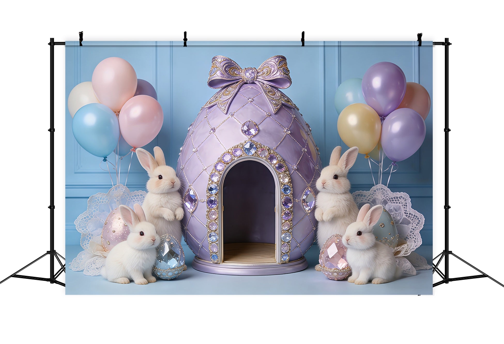 Easter Pastel Balloons Backdrop Jeweled Egg House Bunny My First Easter Backdrop CSH62-85