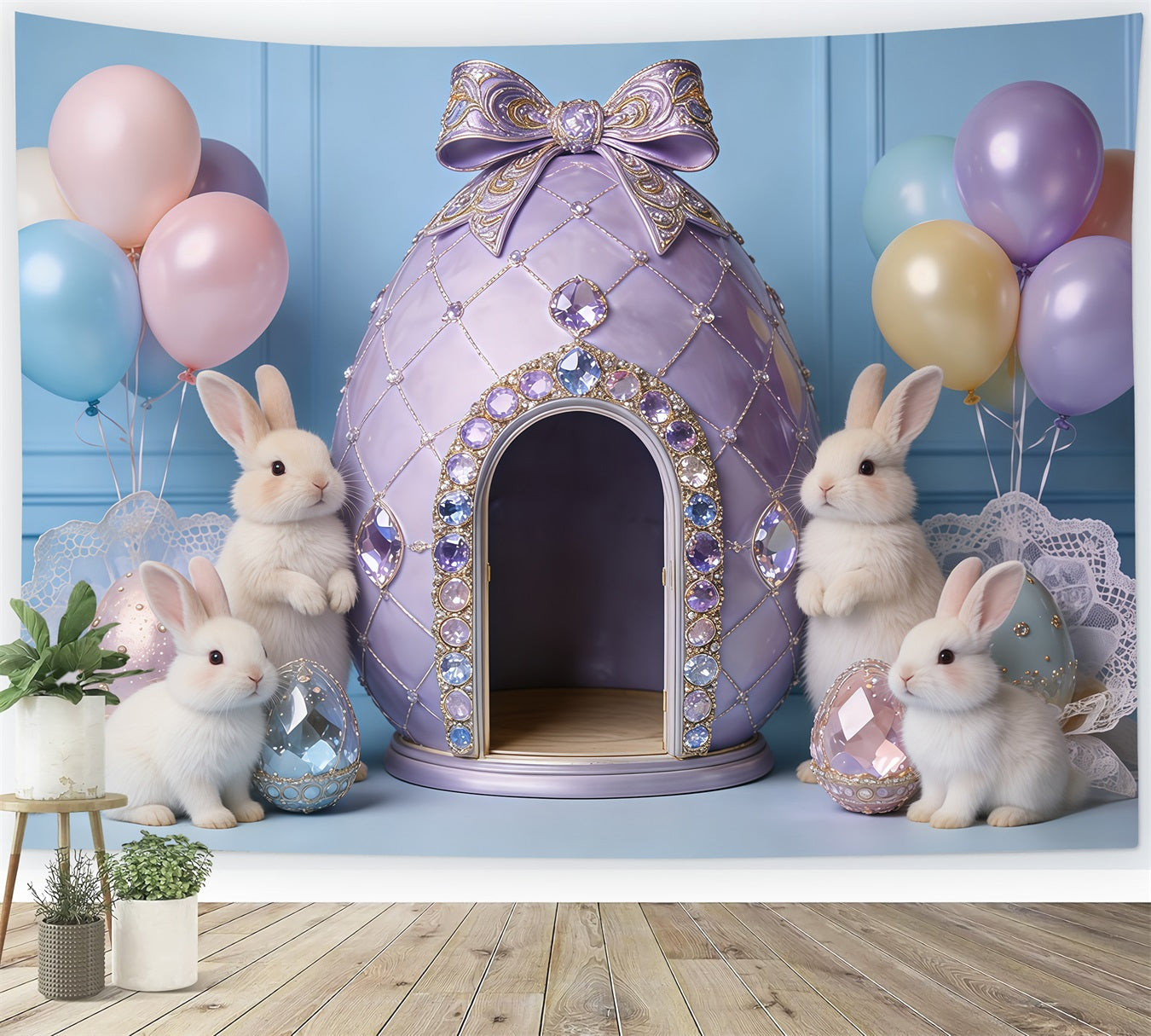 Easter Pastel Balloons Backdrop Jeweled Egg House Bunny My First Easter Backdrop CSH62-85