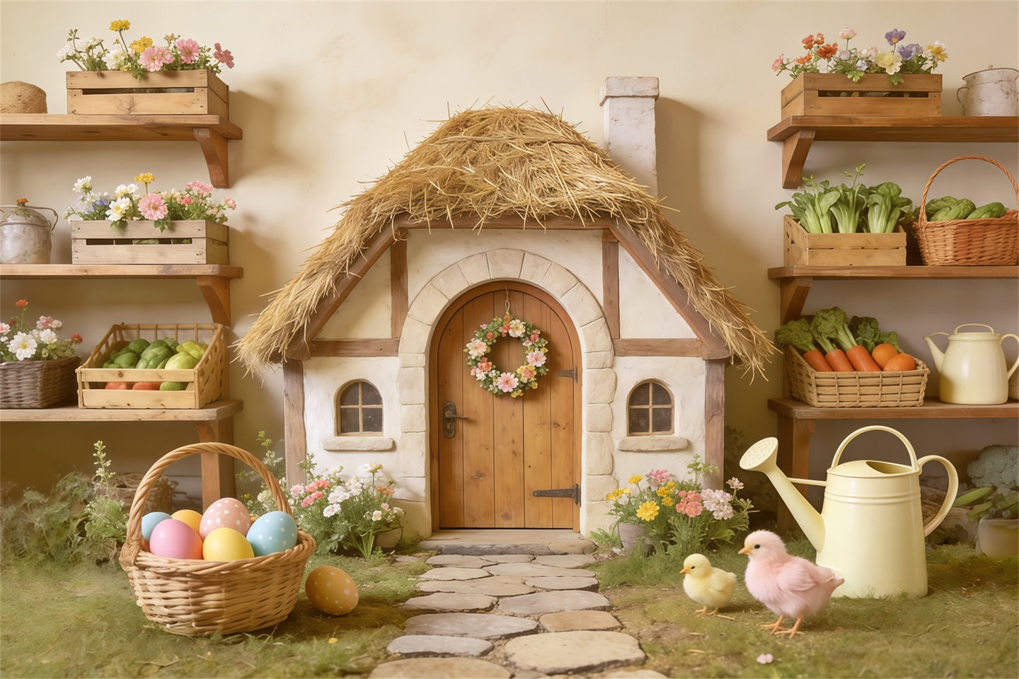Easter Marshmallow Chick Backdrop Thatched Cottage Egg Basket Easter Backdrops Photo CSH62-87
