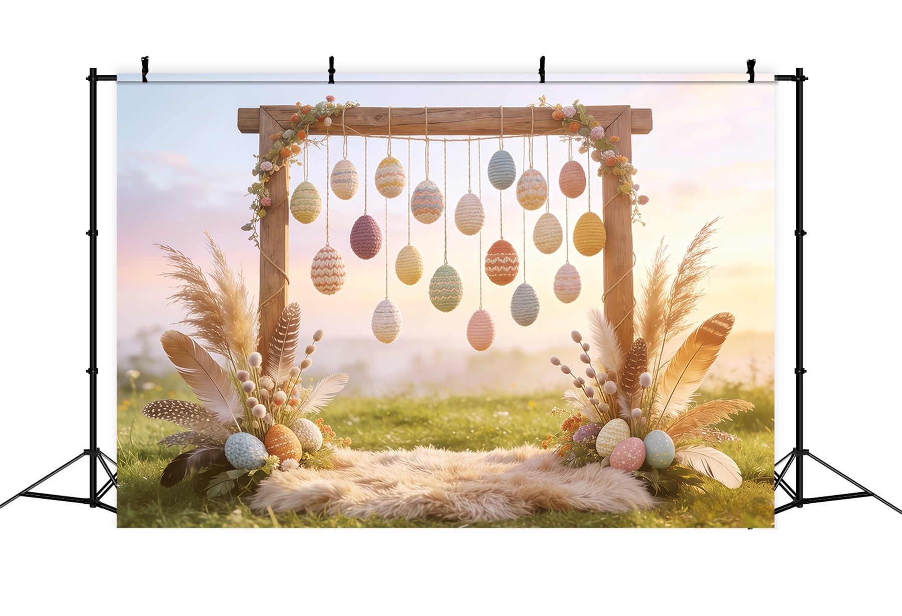 Easter Boho Backdrop Crochet Egg Feather Hay Backdrops For Easter Pictures CSH62-93
