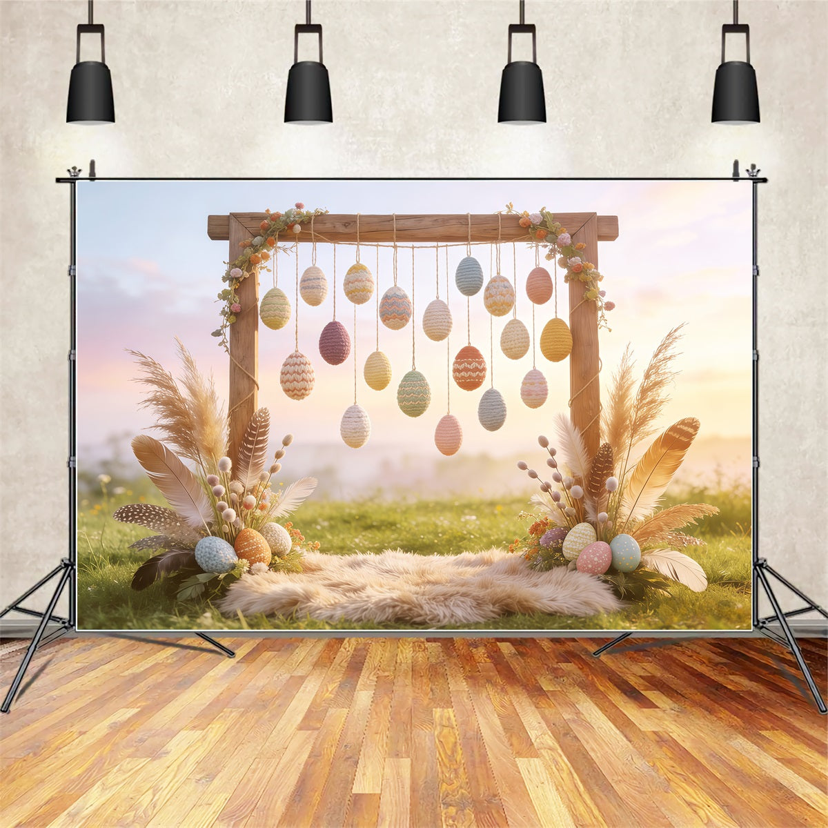 Easter Boho Backdrop Crochet Egg Feather Hay Backdrops For Easter Pictures CSH62-93