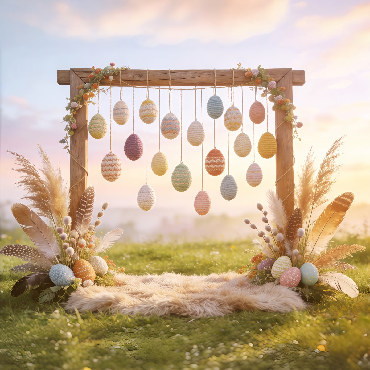 Easter Boho Backdrop Crochet Egg Feather Hay Backdrops For Easter Pictures CSH62-93