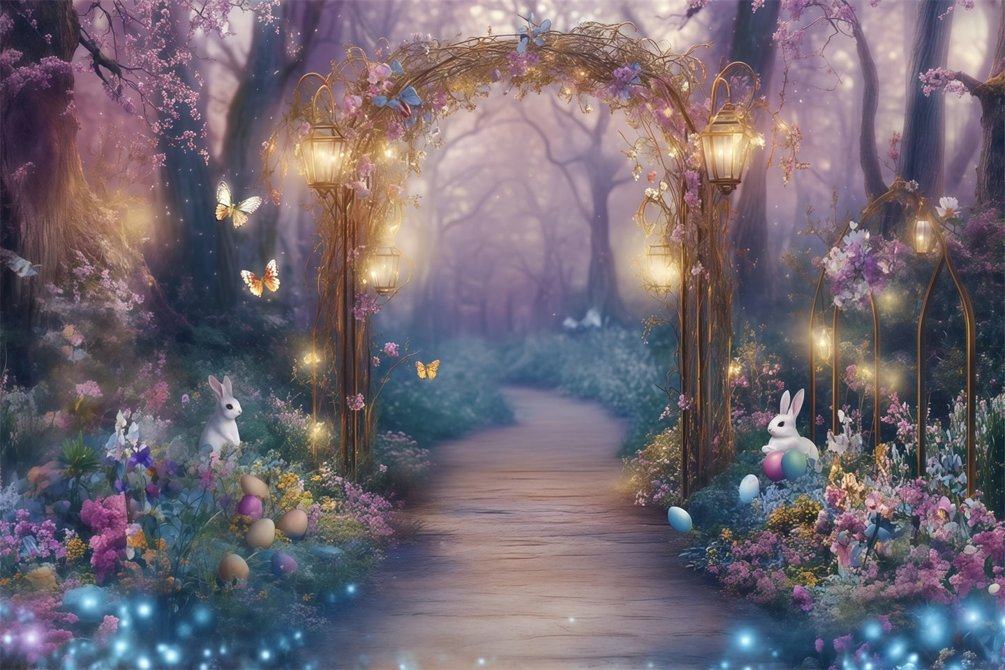 Easter European Garden Backdrop Enchanted Path Bunny Eggs Outdoor Easter Backdrop CSH62-95