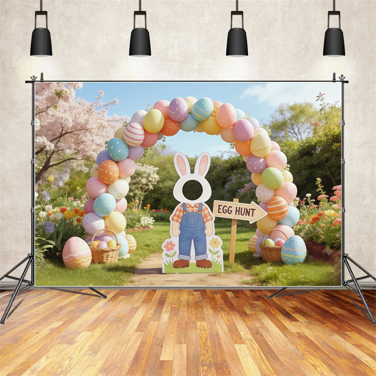Easter Egg Hunt Backdrop Cherry Blossom Arch Cutout Photography Easter Backdrop CSH62-98