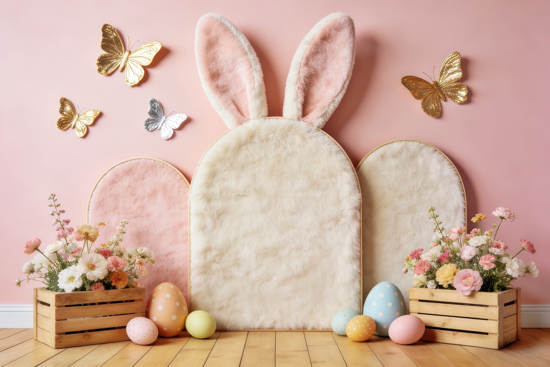 Easter Butterfly Backdrop Pastel Bunny Ears Floral Crates Easter Backdrop CSH63-1