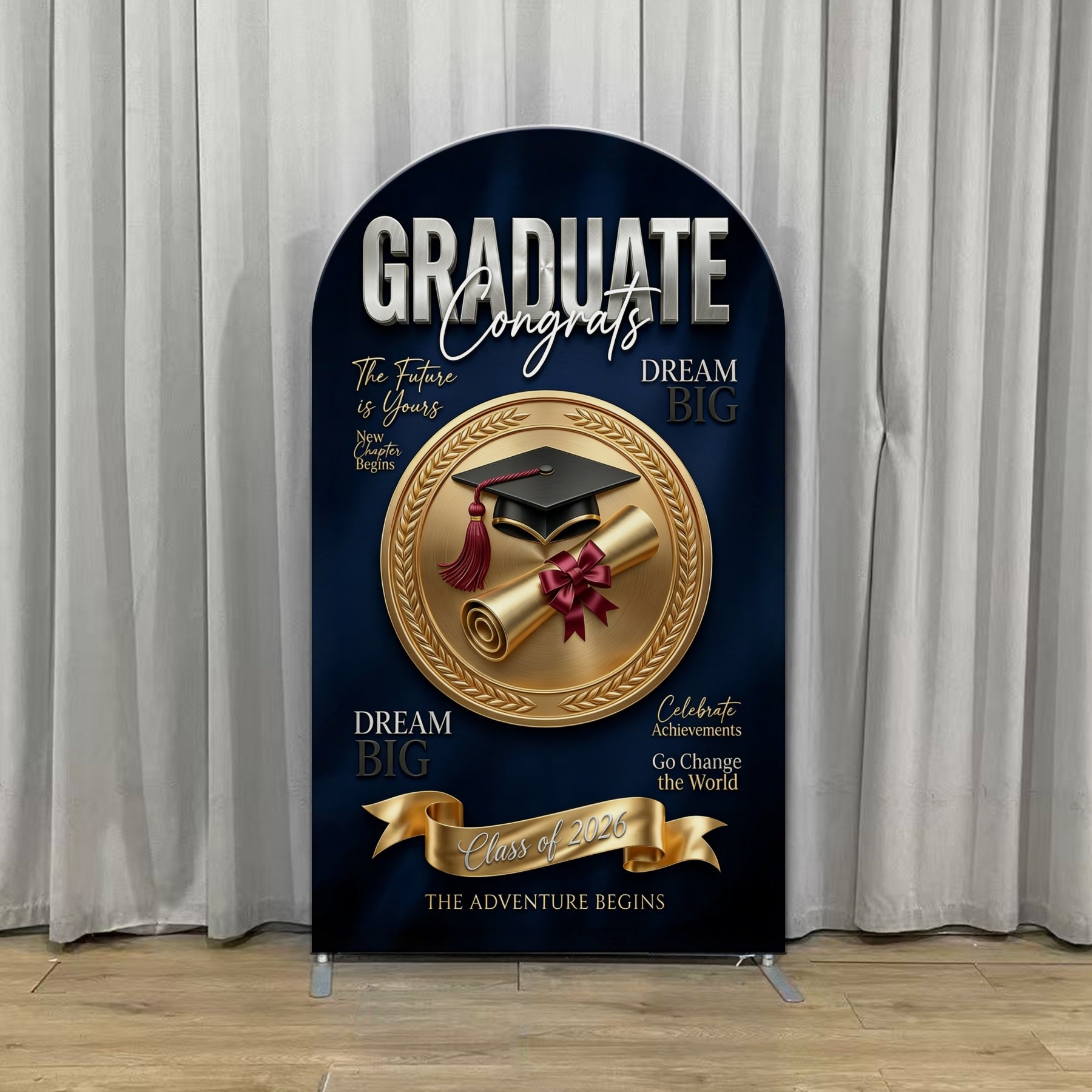 Blue Graduation Backdrop Navy Gold Medal Diploma Arch Graduation Photo Backdrop CSH63-107
