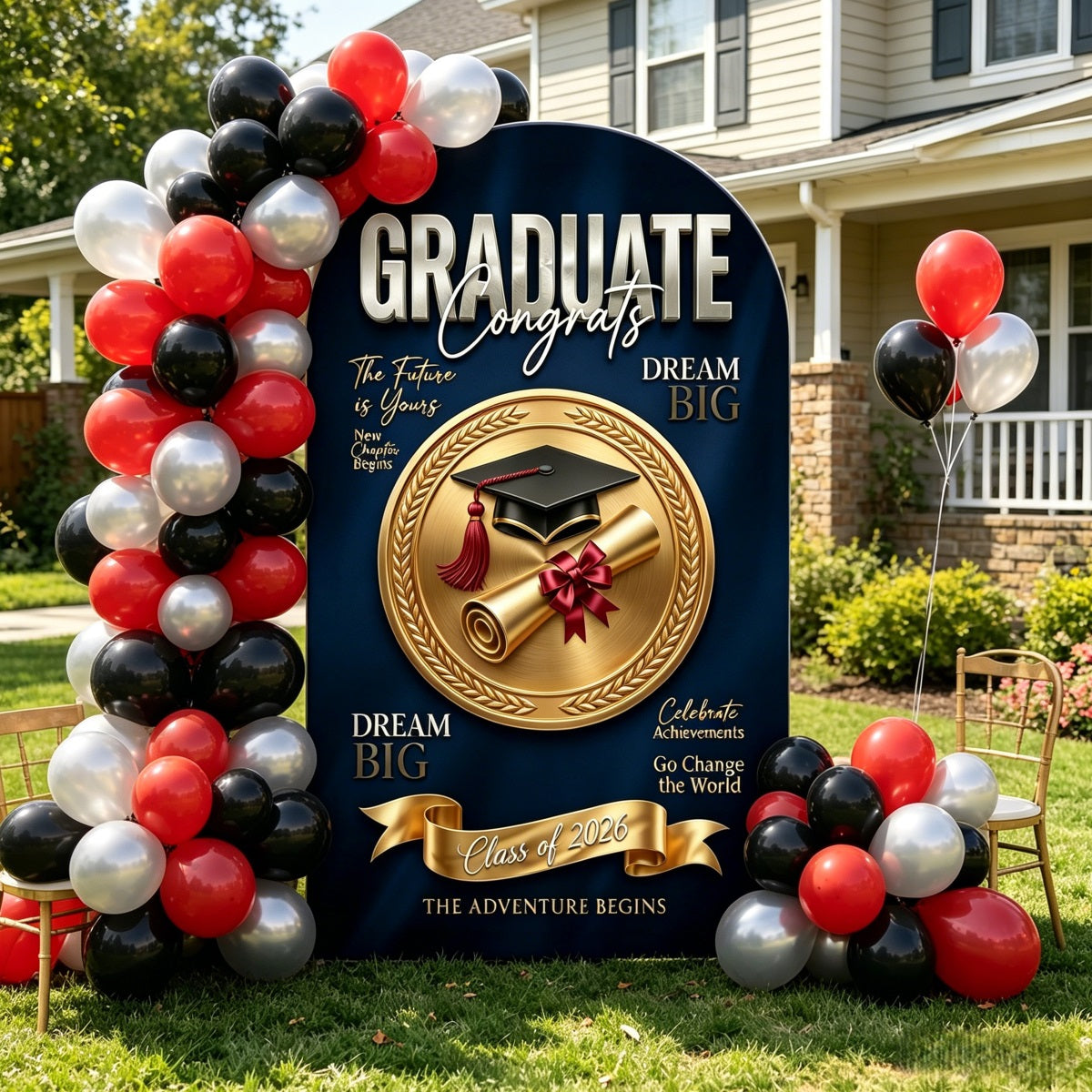 Blue Graduation Backdrop Navy Gold Medal Diploma Arch Graduation Photo Backdrop CSH63-107
