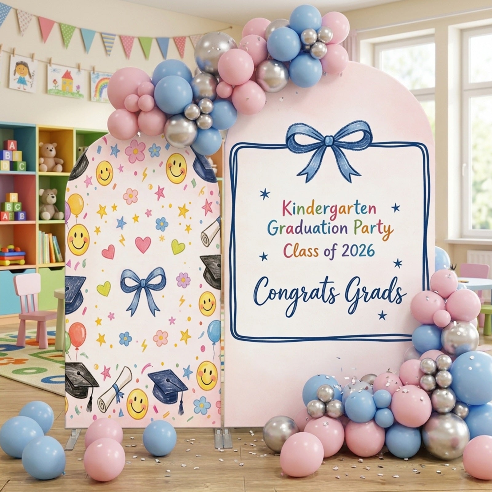 Kindergarten Graduation Backdrop Pink Kindergarten Double Arch Graduation Backdrop Photoshoot CSH63-110