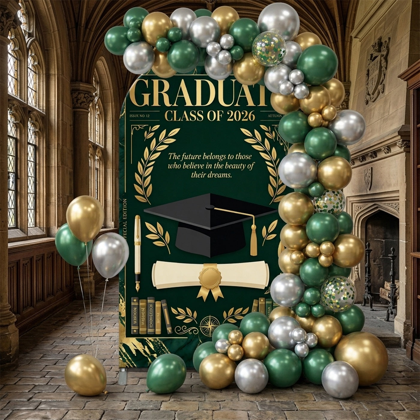 College Graduation Backdrop Green Gold Marble Magazine Arch Backdrop For Graduation Party CSH63-114