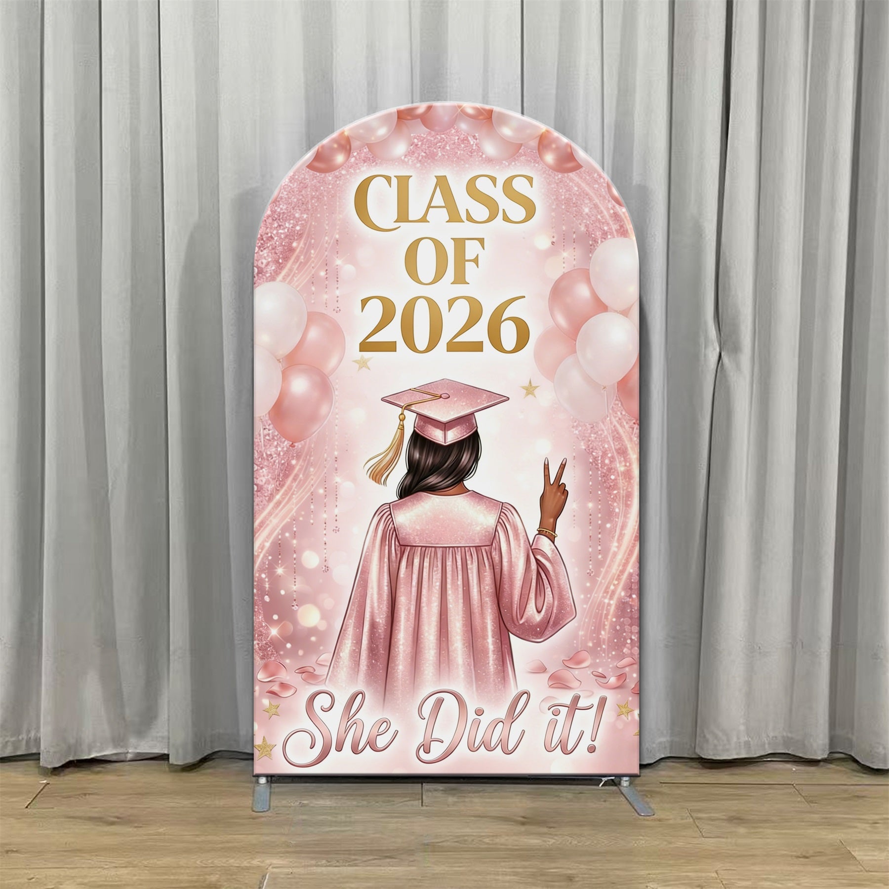 High School Graduation Backdrop Ideas Pink Glitter Balloon Arch Graduation Backdrop With Stand CSH63-120