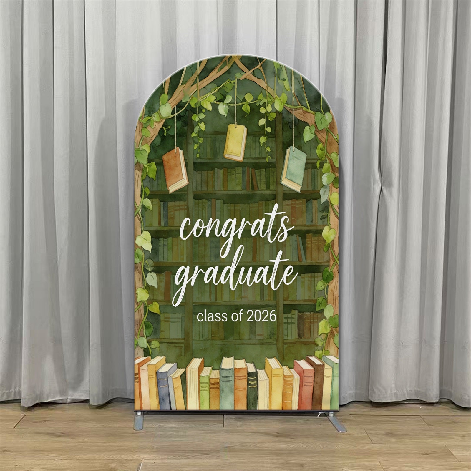 Library Backdrop Graduation Green Bookshelf Botanical Arch Backdrops For Graduation Party CSH63-123