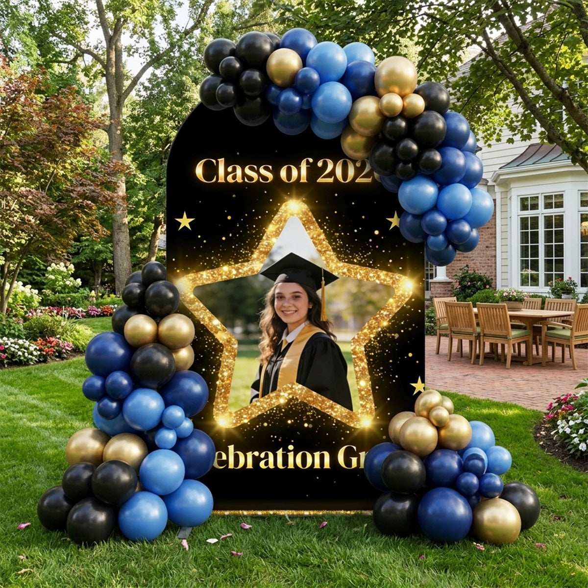 Luxury Graduation Black And Gold Backdrop Black Gold Star Arch Backdrops For Graduation Photos CSH63-127