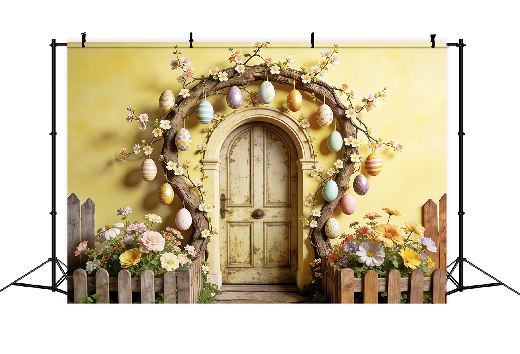 Easter Rustic Backdrop Egg Blossom Wooden Door Arch Easter Backdrops For Pictures CSH63-13